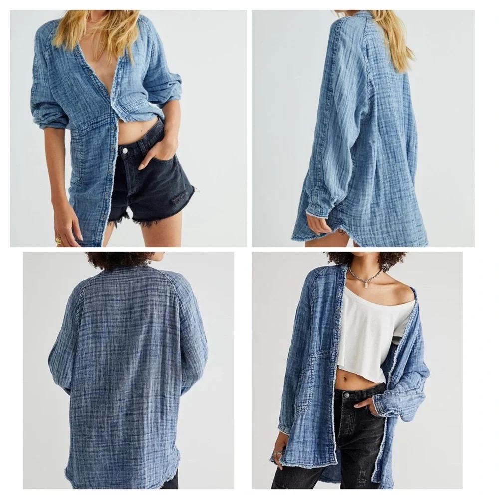 FREE PEOPLE NWT Summer Daydream Long Sleeve POCKETS Cotton Shirt/Shacket - Picture 3 of 13